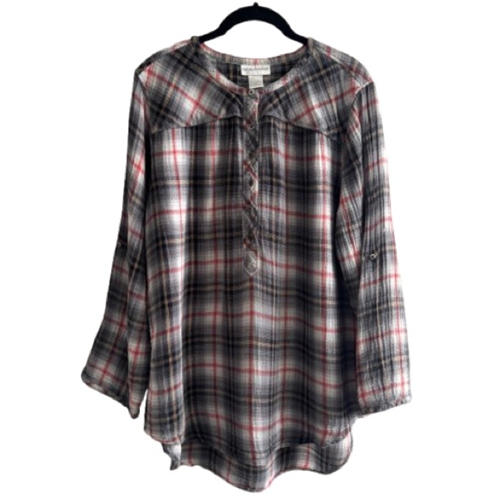 Soft Surroundings Smocked Plaid Tunic Top Roll Up Long Sleeves Cotton Grey Red